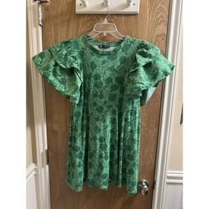 Zara Women's Green Floral Print Mini Ruffle Flutter Sleeve Short Shift Dress S